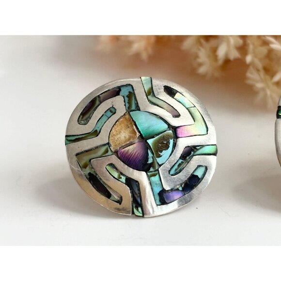 Abalone Geometric Modernist Taxco Sterling Silver Mexican Made Southwest Studs - Picture 4 of 9